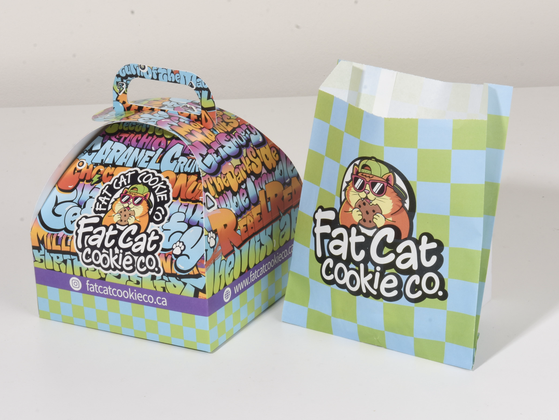 Fat Cat Cookie Co. carry carton and branded paper bag